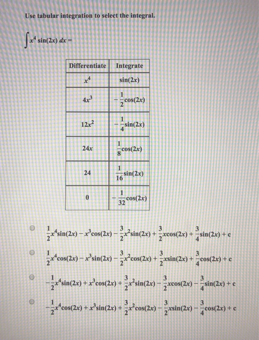 Tabular Integ Solved Use tabular integration to select the integ sin(2x) | Chegg.com