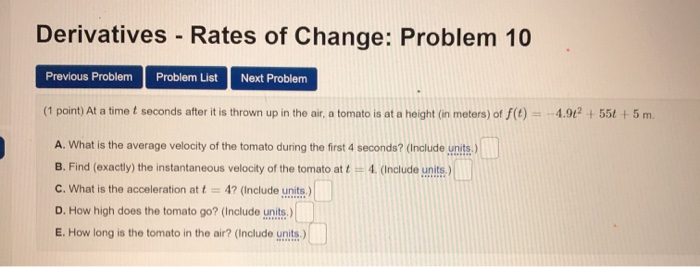 Solved Derivatives - Rates of Change: Problem 10 Previous | Chegg.com