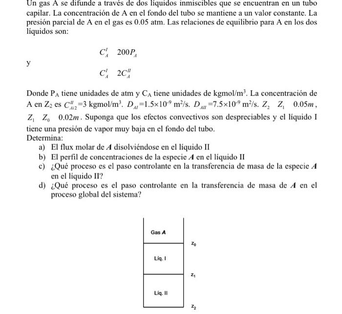 Un gas A se difunde a través de dos líquidos inmiscibles que se encuentran en un tubo capilar. La concentración de A en el fo