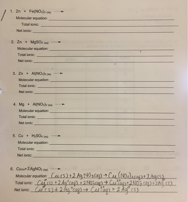 zn fe no3 2 net ionic equation