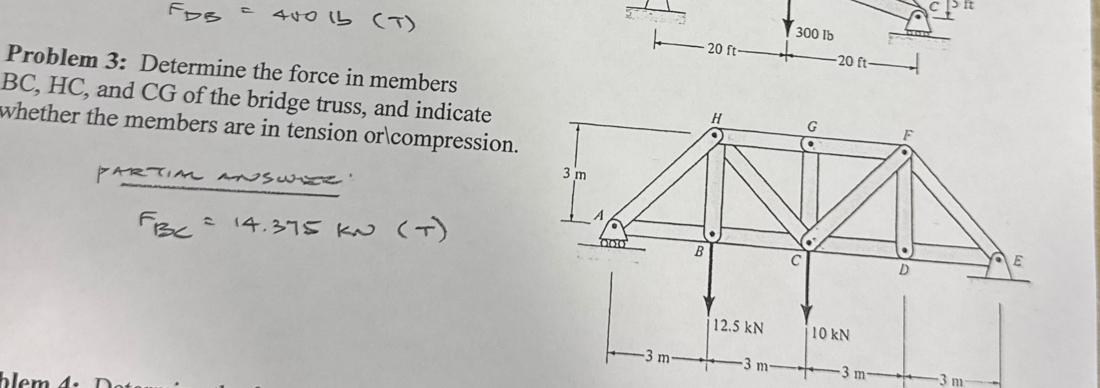 Solved Problem 3: Determine the force in members BC,HC, ﻿and | Chegg.com