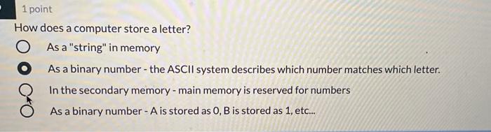 Solved 1 point How does a computer store a letter? O As a | Chegg.com