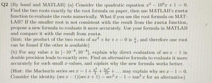 Solved 2 (By hand and MATLAB) (a) Consider the quadratic | Chegg.com