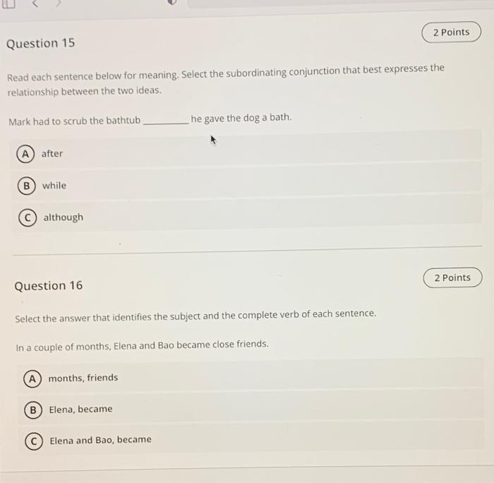 Solved 2 Points Question 15 Read each sentence below for
