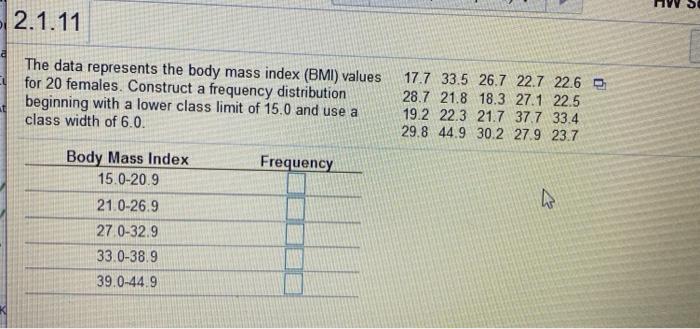 Solved 2 1 11 A The Data Represents The Body Mass Index Chegg Com