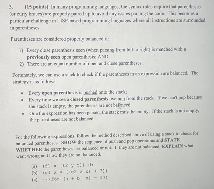 Solved 3. (15 points) In many programming languages, the | Chegg.com