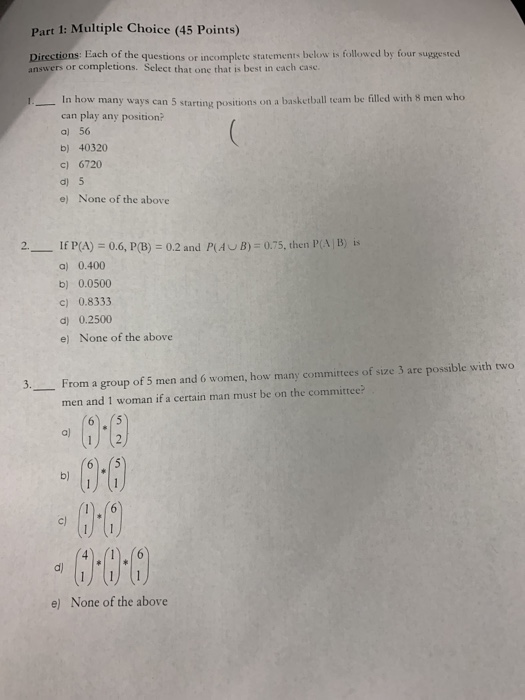 Solved Part 1: Multiple Choice (45 Points) Directions: Each | Chegg.com