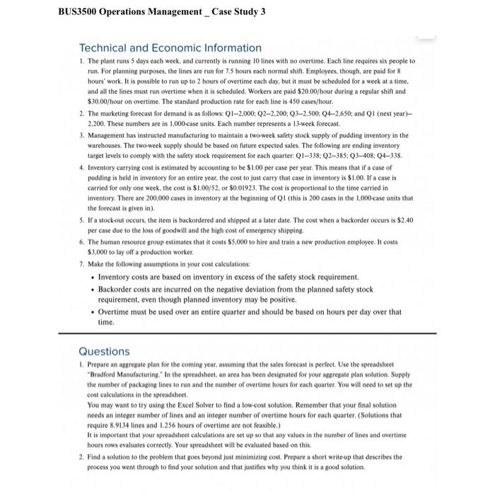 Solved BUS3500 Operations Management Case Study 3 Technical | Chegg.com