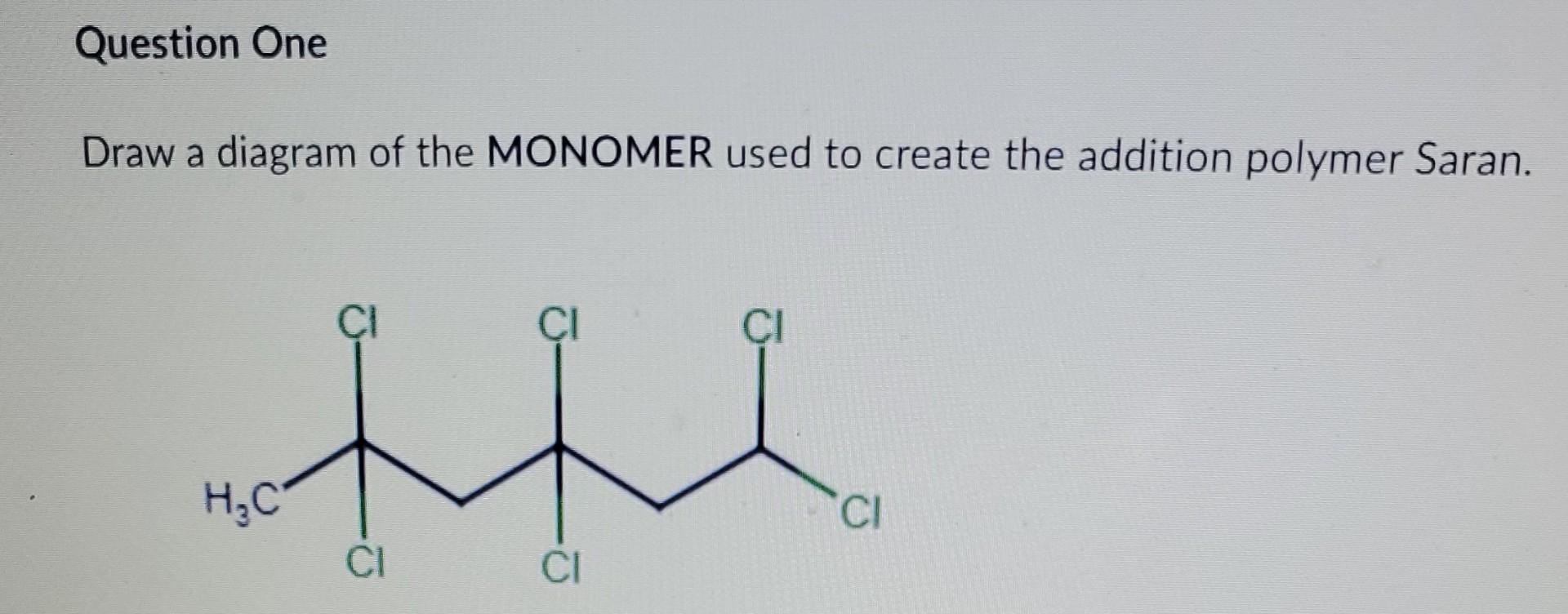 Draw a diagram of the MONOMER used to create the addition polymer Saran.