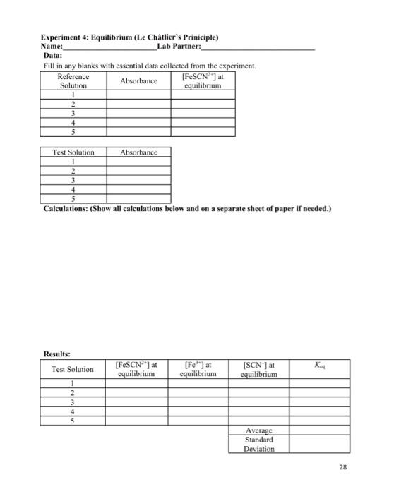 Experiment 4: Equilibrium (Le Châtliers Priniciple)
Name:
Lab Partner:
Data:
Fill in any blanks with essential data collecte