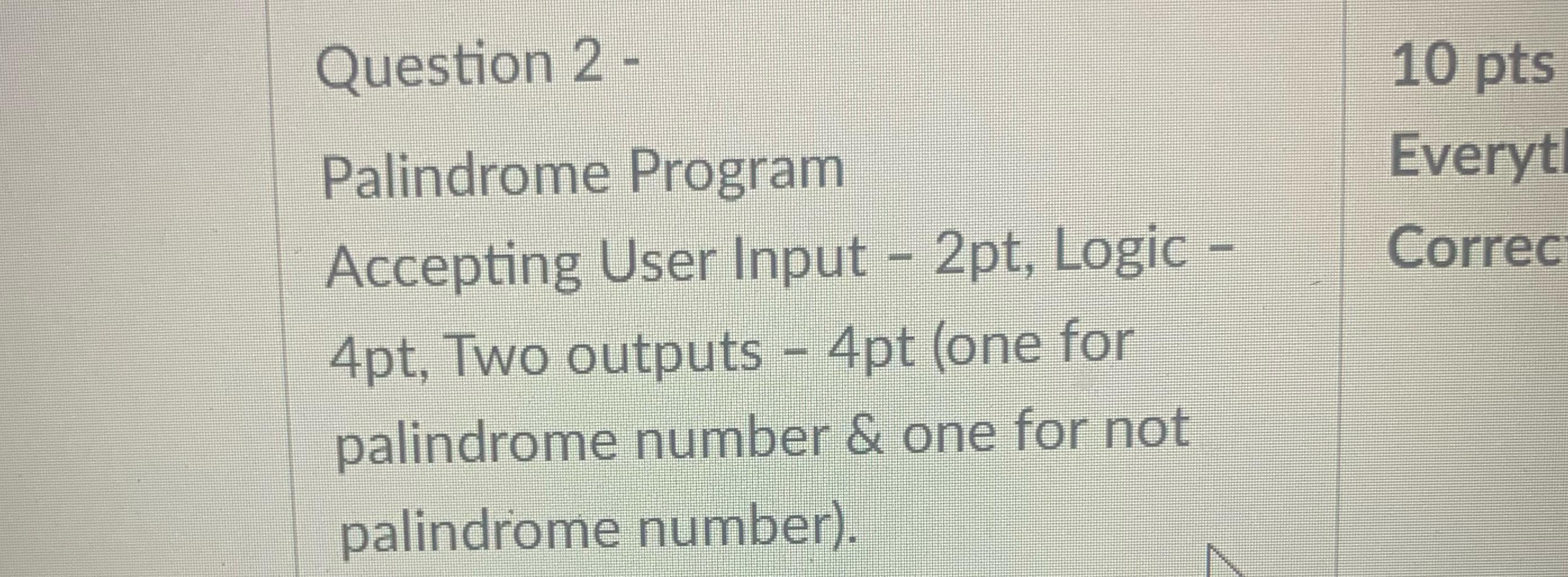 Solved Question 2 -Palindrome ProgramAccepting User Input | Chegg.com