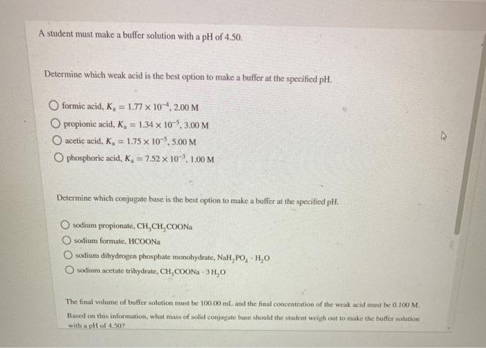 Solved A student must make a buffer solution with a pH of | Chegg.com