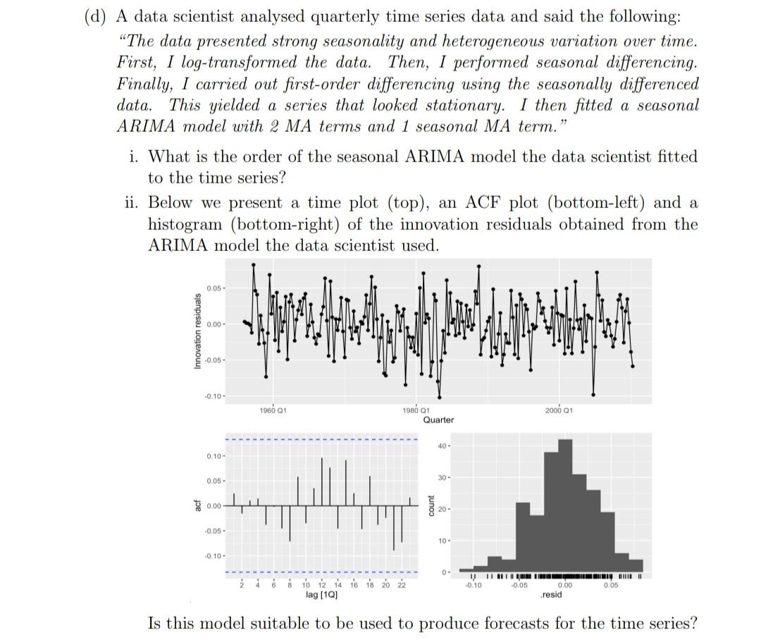 Solved d) A data scientist analysed quarterly time series | Chegg.com