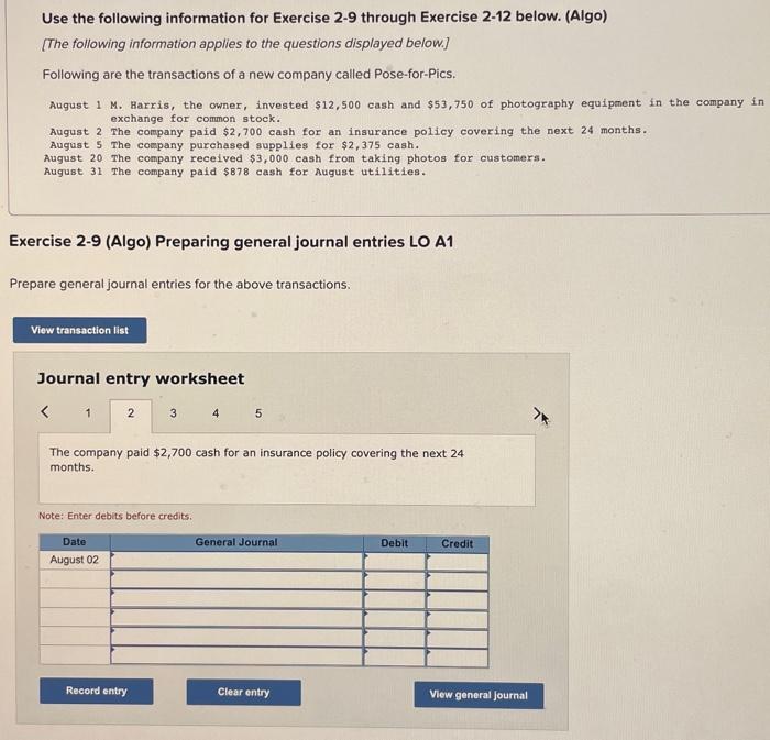 Solved Use the following information for Exercise 2-9 | Chegg.com