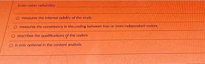 Solved Inter-rater reliability measures the Internal | Chegg.com