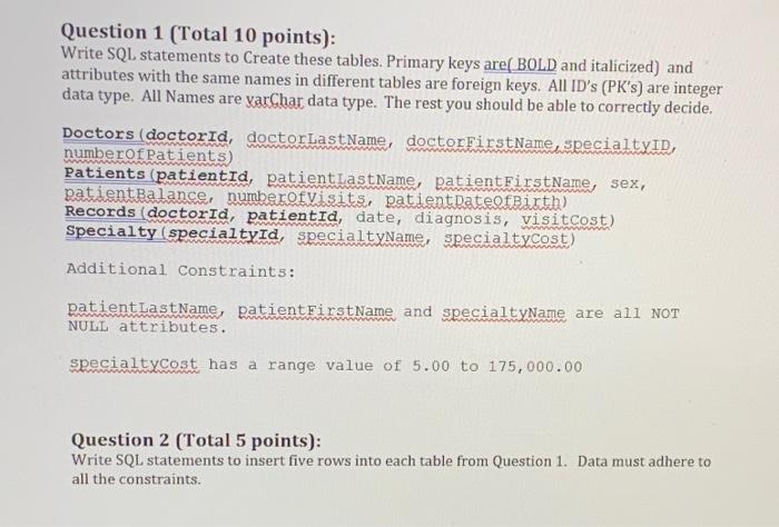 Solved Question 1 (Total 10 points): Write SQL statements to | Chegg.com