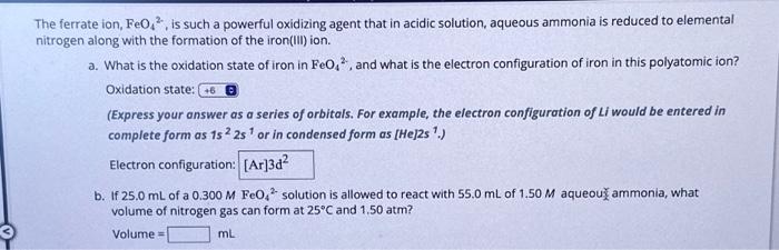 Solved The ferrate ion, FeO42, is such a powerful oxidizing | Chegg.com