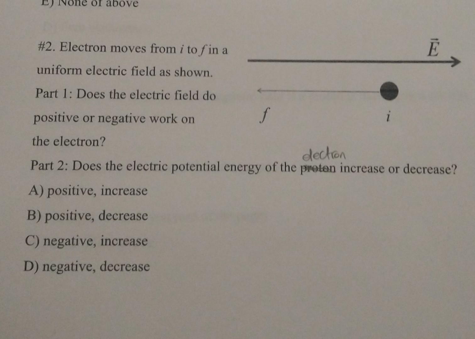 how does the electric potential energy change as the electron moves from i to f?