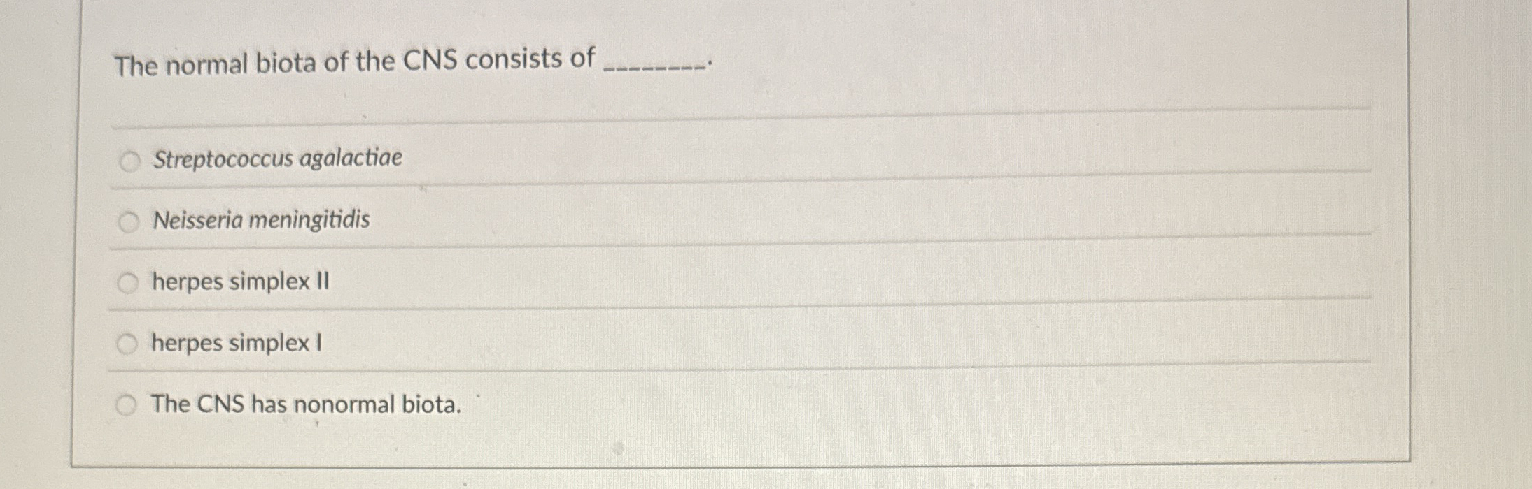 Solved The normal biota of the CNS consists of | Chegg.com