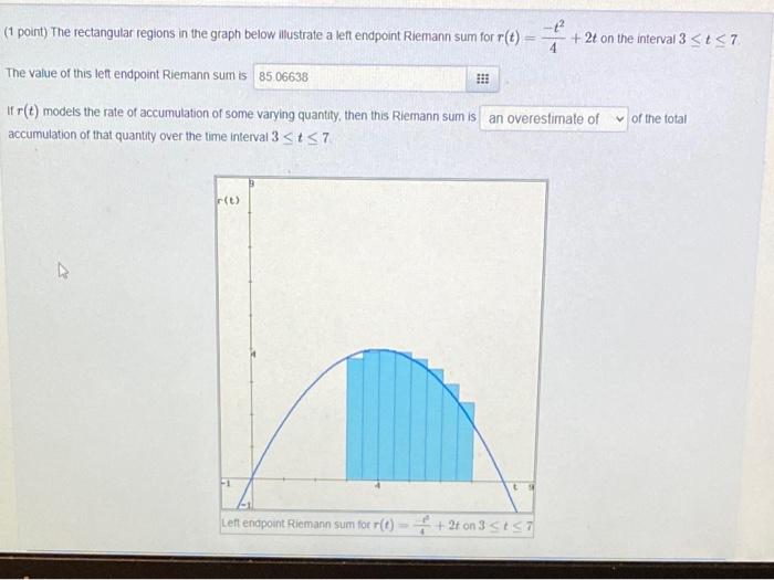 point) The rectangular regions in the graph below illustrate a left endpoint Riemann sum for \( r(t)=\frac{-t^{2}}{4}+2 t \)