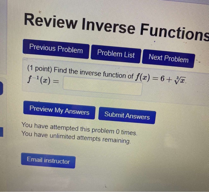 Solved Review Inverse Functions Previous Problem Problem | Chegg.com