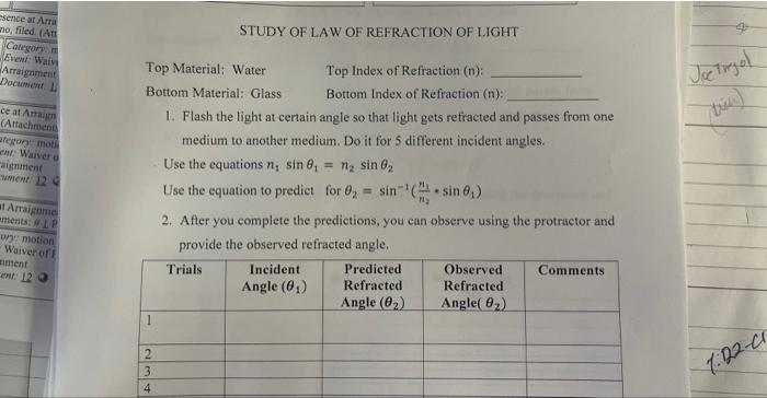 Top Material: Water Top Index of Refraction (n): | Chegg.com