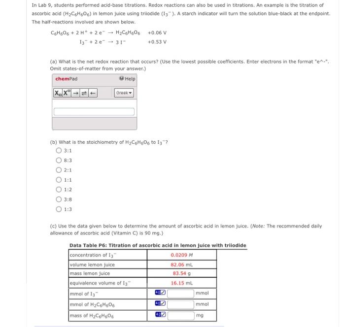 Solved In Lab 9, students performed acid-base titrations. | Chegg.com