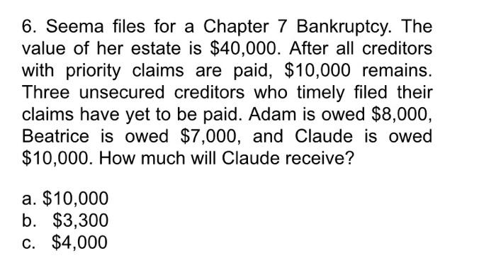 Solved 6. Seema files for a Chapter 7 Bankruptcy. The value