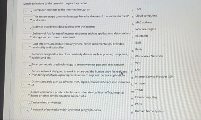 a. LAN b. MAC address d. e. Match definitions to the termu/acronyms they define. Computer connects to the Internet through an