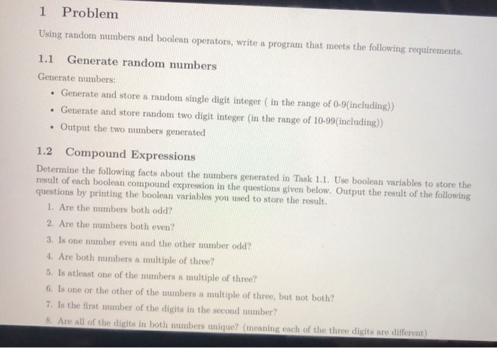 Solved 1 Problem Using random numbers and boolean operators, | Chegg.com