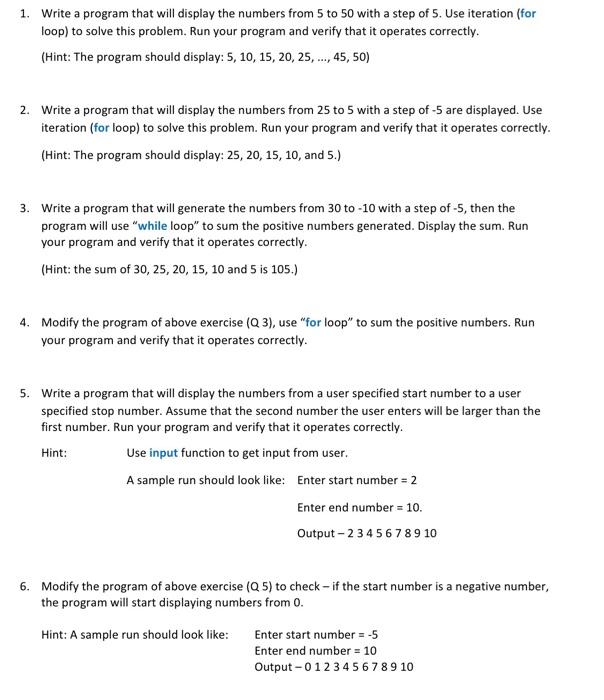 Solved 1. Write a program that will display the numbers from | Chegg.com