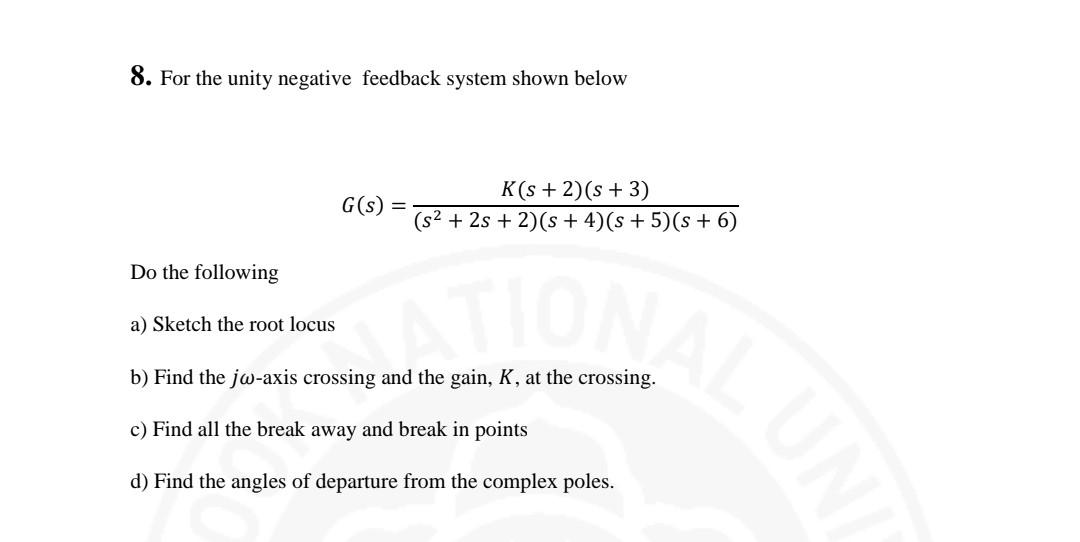 Solved 8. For the unity negative feedback system shown below | Chegg.com