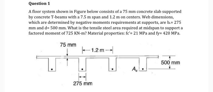 A floor system shown in Figure below consists of a \( 75 \mathrm{~mm} \) concrete slab supported by concrete T-beams with a \