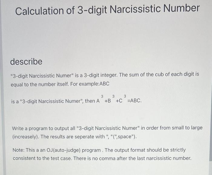 Solved Calculation of 3-digit Narcissistic Number describe | Chegg.com