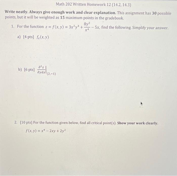 Solved Math 202 Written Homework 12 (14.2, 14.3) Write | Chegg.com