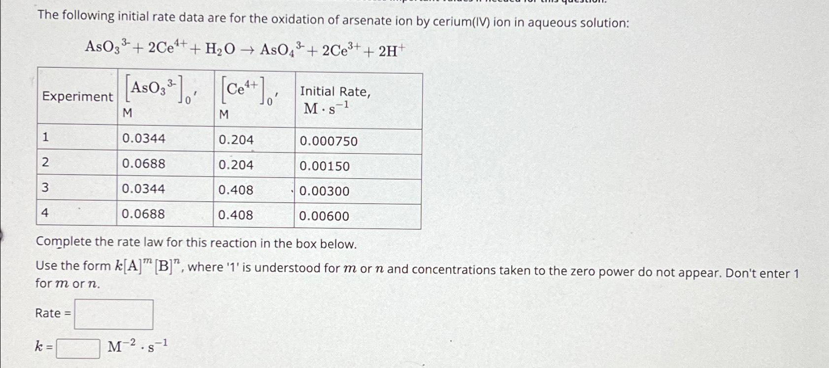 Solved The following initial rate data are for the oxidation | Chegg.com