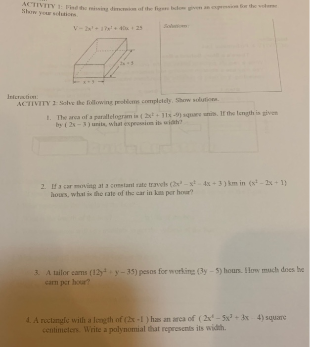 Solved Activity 1 Find The Missing Dimension Of The Figure Chegg Solved Activity 1 Find The Missing Dimension Of The Figure Chegg