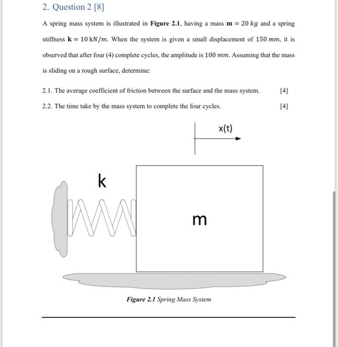 Solved 2. Question 2 [8] A spring mass system is illustrated | Chegg.com