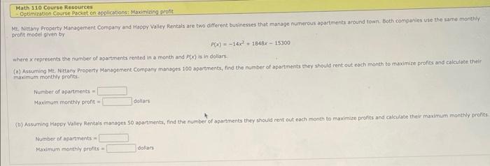 Solved Math 110 Course Resources Optimization Course Packet | Chegg.com