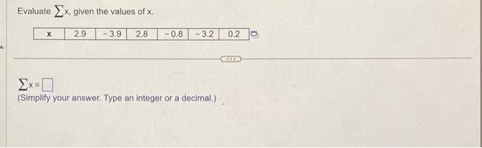 Solved Evaluate ∑x, given the values of x. ∑x= (Simplify | Chegg.com