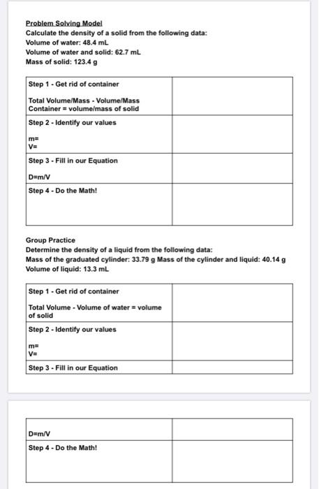 Solved Problem Solving Model Calculate the density of a | Chegg.com