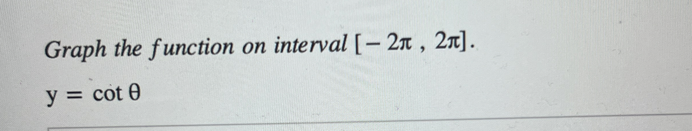 Solved Graph the function on interval -2π,2π.y=cotθ | Chegg.com