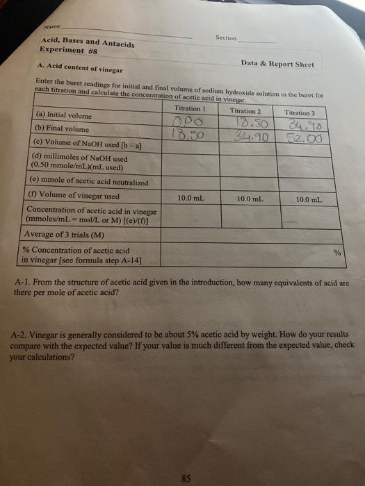Solved Name Section Acid, Bases and Antacids Experiment 8