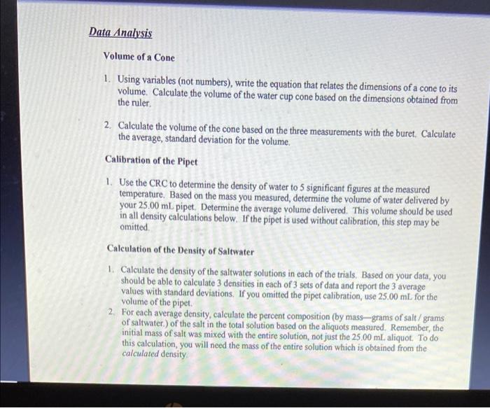 Solved Data Analysis Volume of a Cone 1. Using variables | Chegg.com