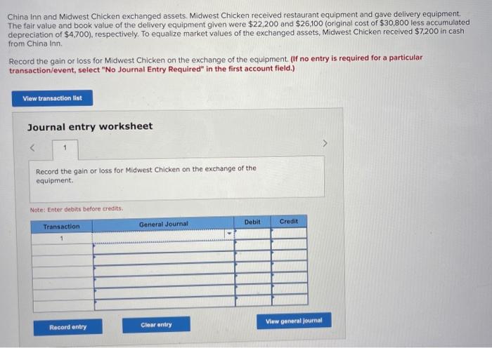 China Inn and Midwest Chicken exchanged assets. Midwest Chicken received restaurant equipment and gave delivery equipment. Th