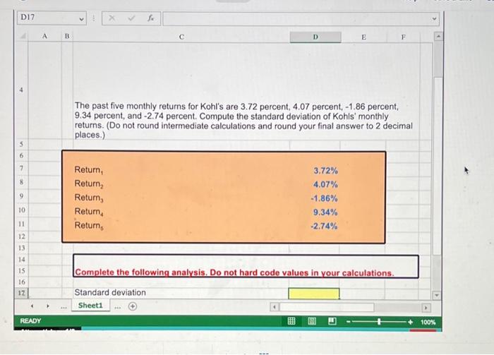 Solved The past five months returns for Kohl's are 3.72,