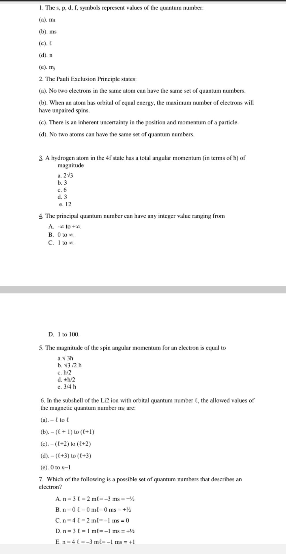 Solved 1. The s, p, d, f, symbols represent values of the