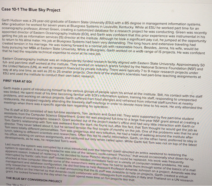 Solved Case 101 The Blue Sky Project Garth Hudson was a