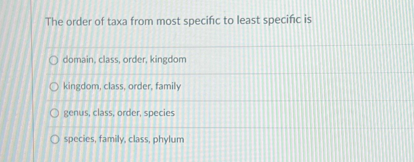Solved The order of taxa from most specific to least | Chegg.com