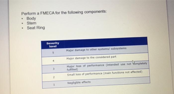 Perform a FMECA for the following components:
- Body
- Stem
- Seat Ring